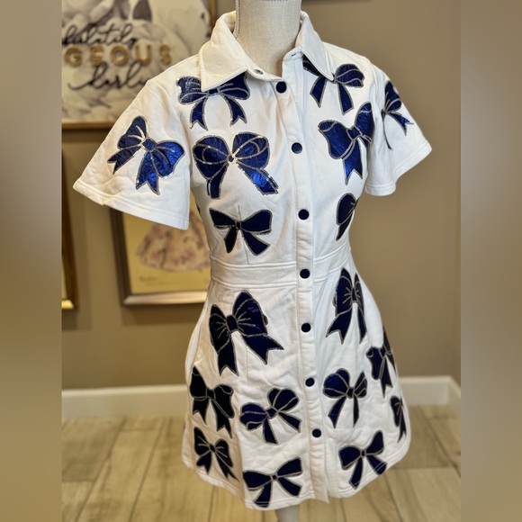 New! QUEEN OF SPARKLES White Dress with Sequin Metallic Blue Bow Accents - Picture 4 of 10